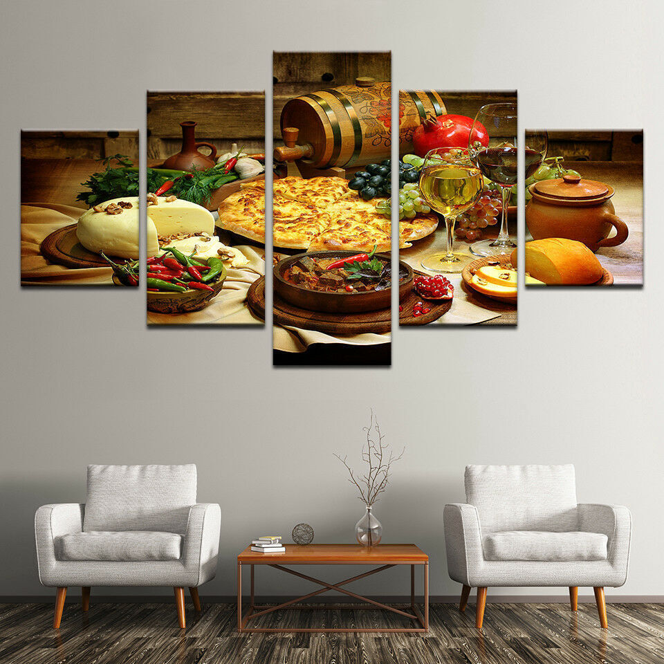 Restaurant Kitchen Food Fruit Wine 5 Pieces canvas Wall Art Picture Home Decor