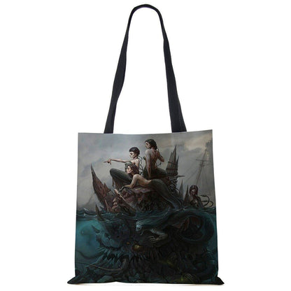 Mermaid Print Shoulder Bag Women Shopping Reusable Bags Large Travel Beach Bags