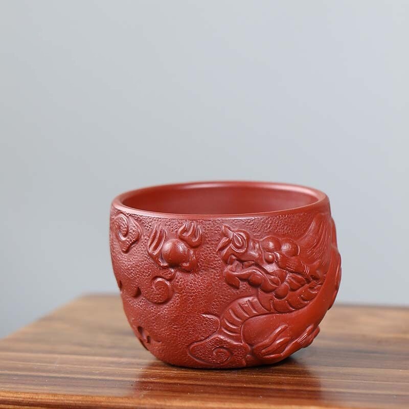 Yixing Zisha Pottery Dahongpao Clay Carved Tea Cup Dragon Carved Master Cup Big