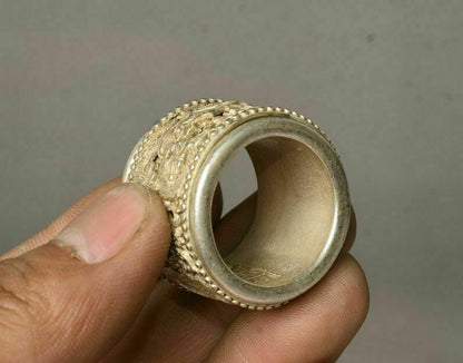 3Cm Chinese Old Miao Silver Handmade Dynasty Dragon Woman Finger Ring Statue