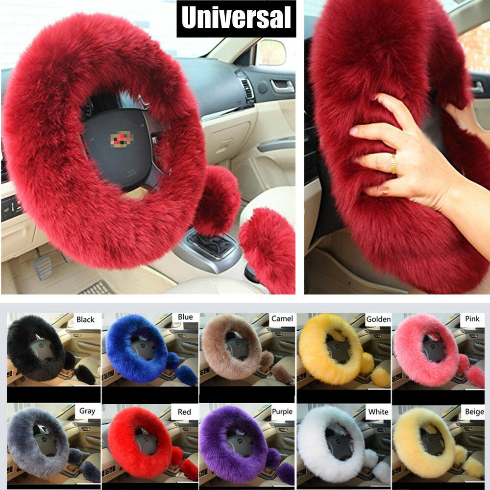 Universal 3Pcs Fur Wool Furry Fluffy Thick Car Steering Wheel Cover Accessories