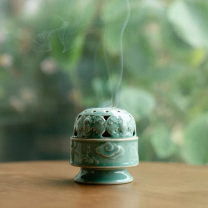 Yue Kiln Celadon Incense Holder Elegant Relief Scented Tea Ceremony Home Decor