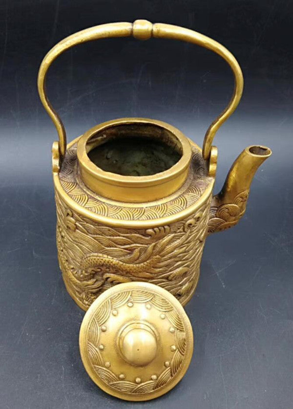 Chinese Antique Brass Carved Dragon Teapot Furnishing Articles