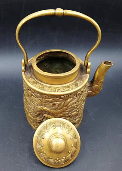 Chinese Antique Brass Carved Dragon Teapot Furnishing Articles