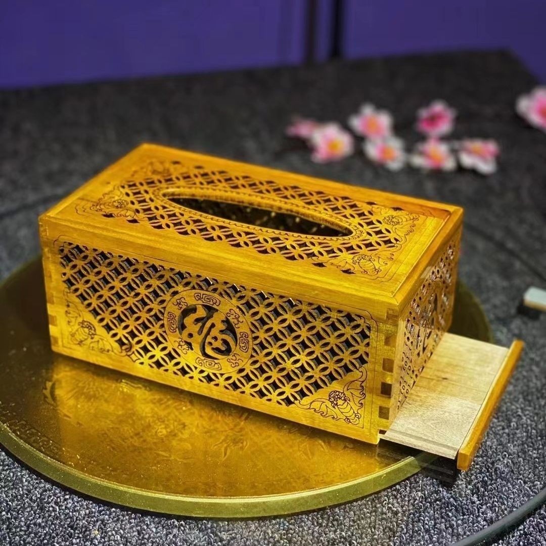 Small Leaf Golden Nanmu Tissue Box 8.66in Hollow Carved Five Blessings