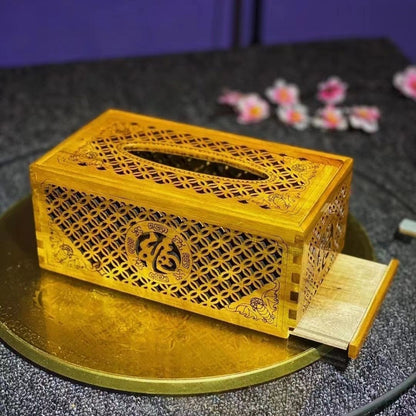 Small Leaf Golden Nanmu Tissue Box 8.66in Hollow Carved Five Blessings