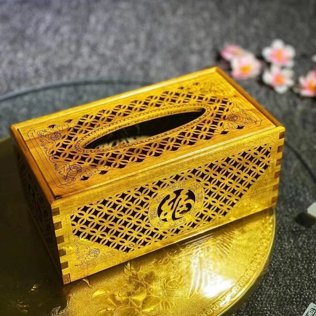 Small Leaf Golden Nanmu Tissue Box 8.66in Hollow Carved Five Blessings