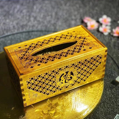 Small Leaf Golden Nanmu Tissue Box 8.66in Hollow Carved Five Blessings