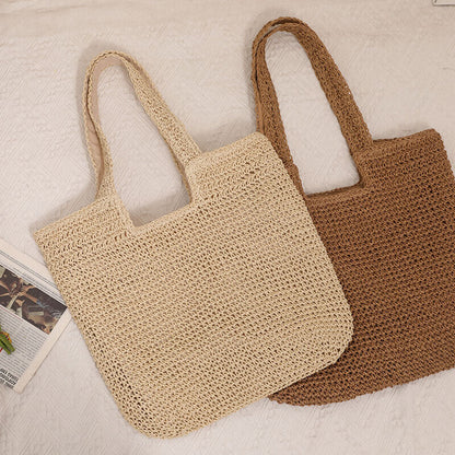 Versatile Large Straw Bag Hand-Crocheted Woven Portable One-Shoulder Beach Bag
