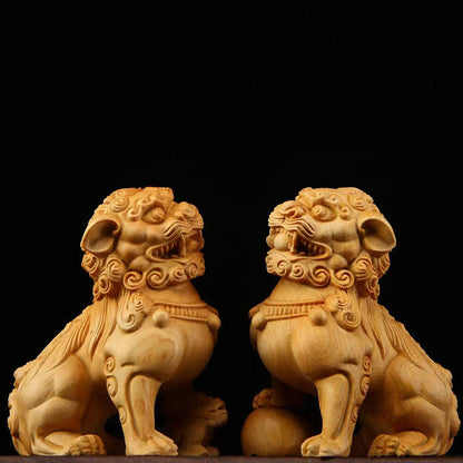 China Wood Carved Fengshui Animal Ball Pixiu Foo Fu Dog Lion Statue Pair Bixie