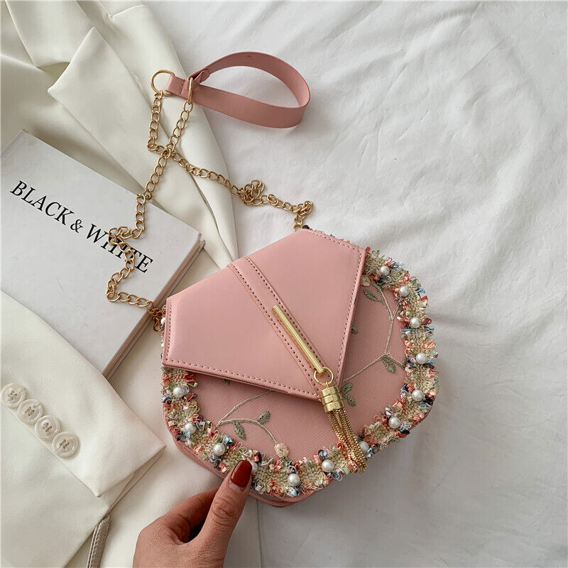 Tassel Women's Bag PU Leather Shoulder Bag Pearl Lace Crossbody Bags Handbags