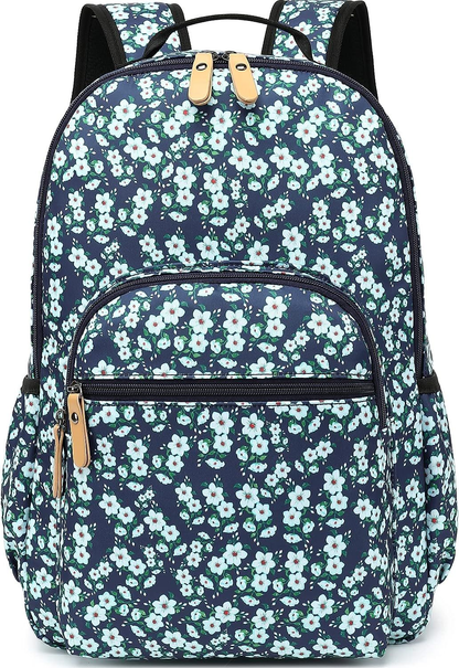 H HIKKER-LINK Womens Floral Laptop Backpack Casual Shoulder Bag Blue White-fr