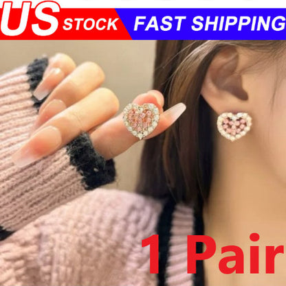 925 Sterling Silver Crystal Heart Stud Earrings Jewellery Women Girls Gift US