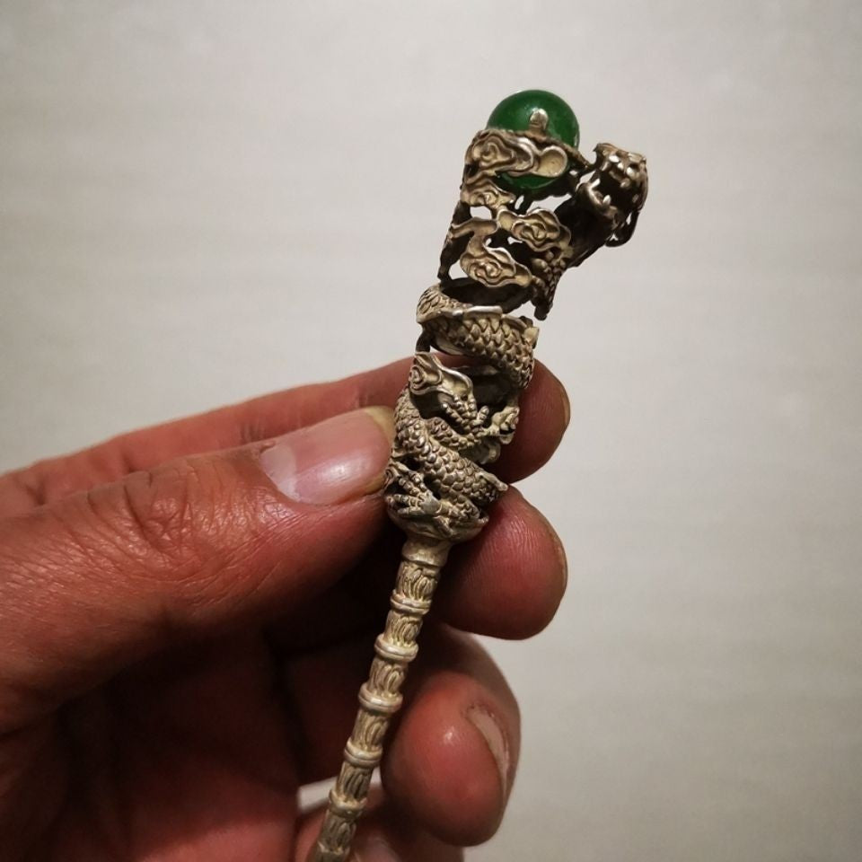 Antique Silver Plated Dragon Hairpin with Green Gemstone Chinese Hair Stick