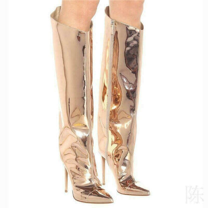Women Metallic Mirror Patent Leather High Heel Knee High Boots Side Zipper Boots