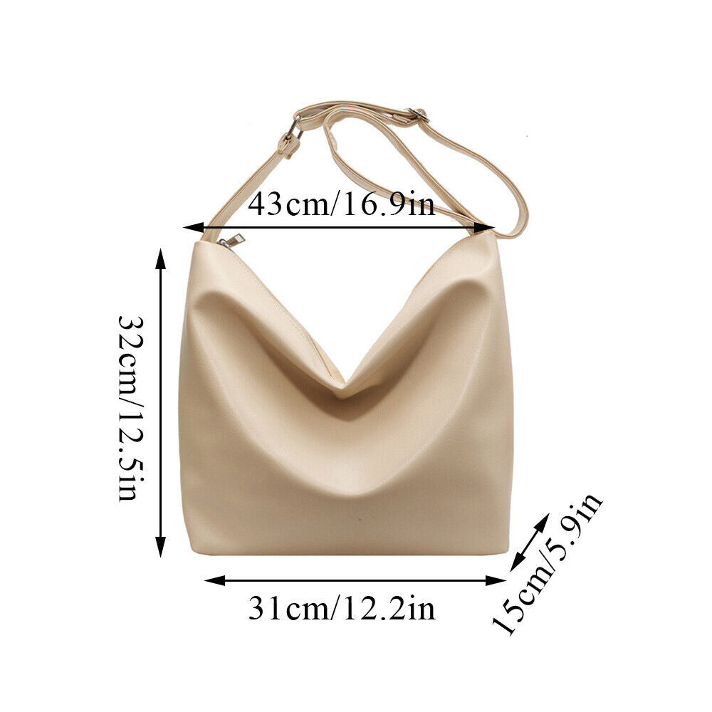 Women Big Bucket Bag Soft Leather Shoulder Bag Underarm Bag Crossbody Bag Silver