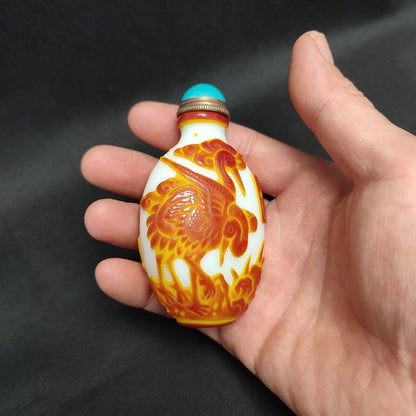 Chinese Crane Statue Carved Glass Snuff Bottle Orane Sculpture dragon kylin Rare
