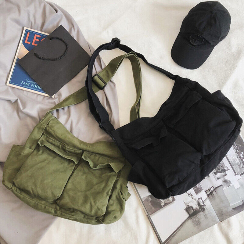 Large Capacity Shoulder Bag Canvas Bag School Messenger Bag Solid Color Fashion