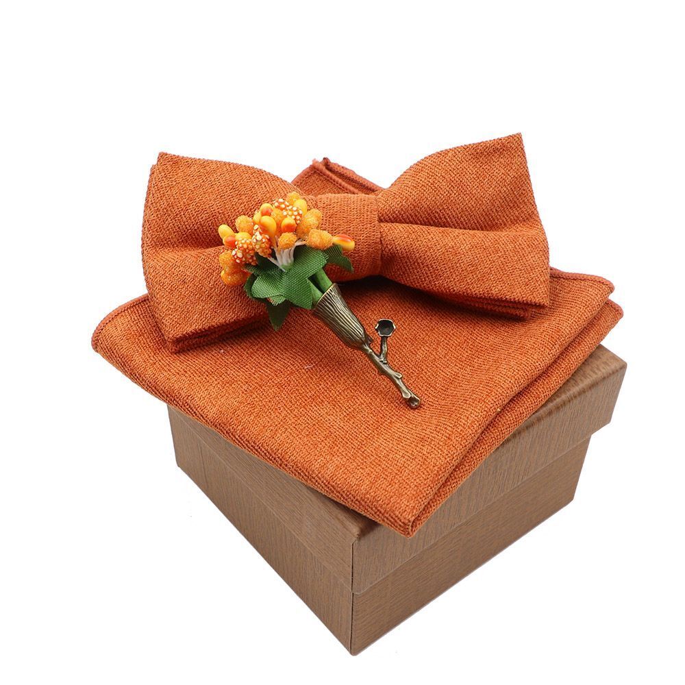 Men Bow Ties 3Pcs Cotton Handkerchief Flower Brooch Women Party Wedding Necktie