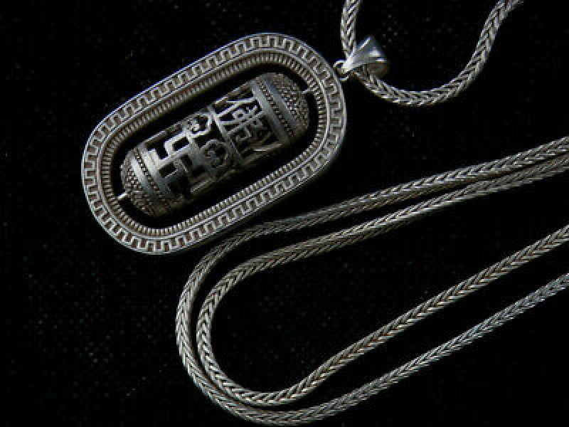 Tibetan Silver Necklace W/Amulet *4Swastikas* 佛 Hollowing Pendant