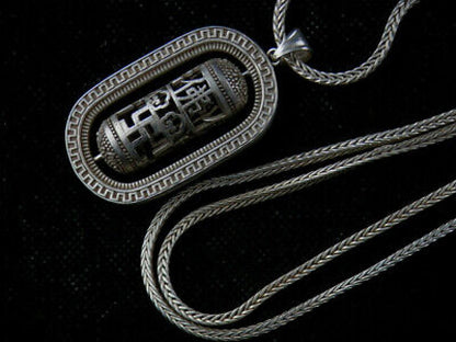 Tibetan Silver Necklace W/Amulet *4Swastikas* 佛 Hollowing Pendant