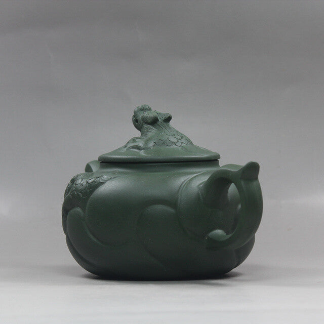 6.6” Collect Chinese Yixing Zisha Pottery Green Clay Handmade Fish Dragon Teapot