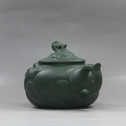 6.6” Collect Chinese Yixing Zisha Pottery Green Clay Handmade Fish Dragon Teapot