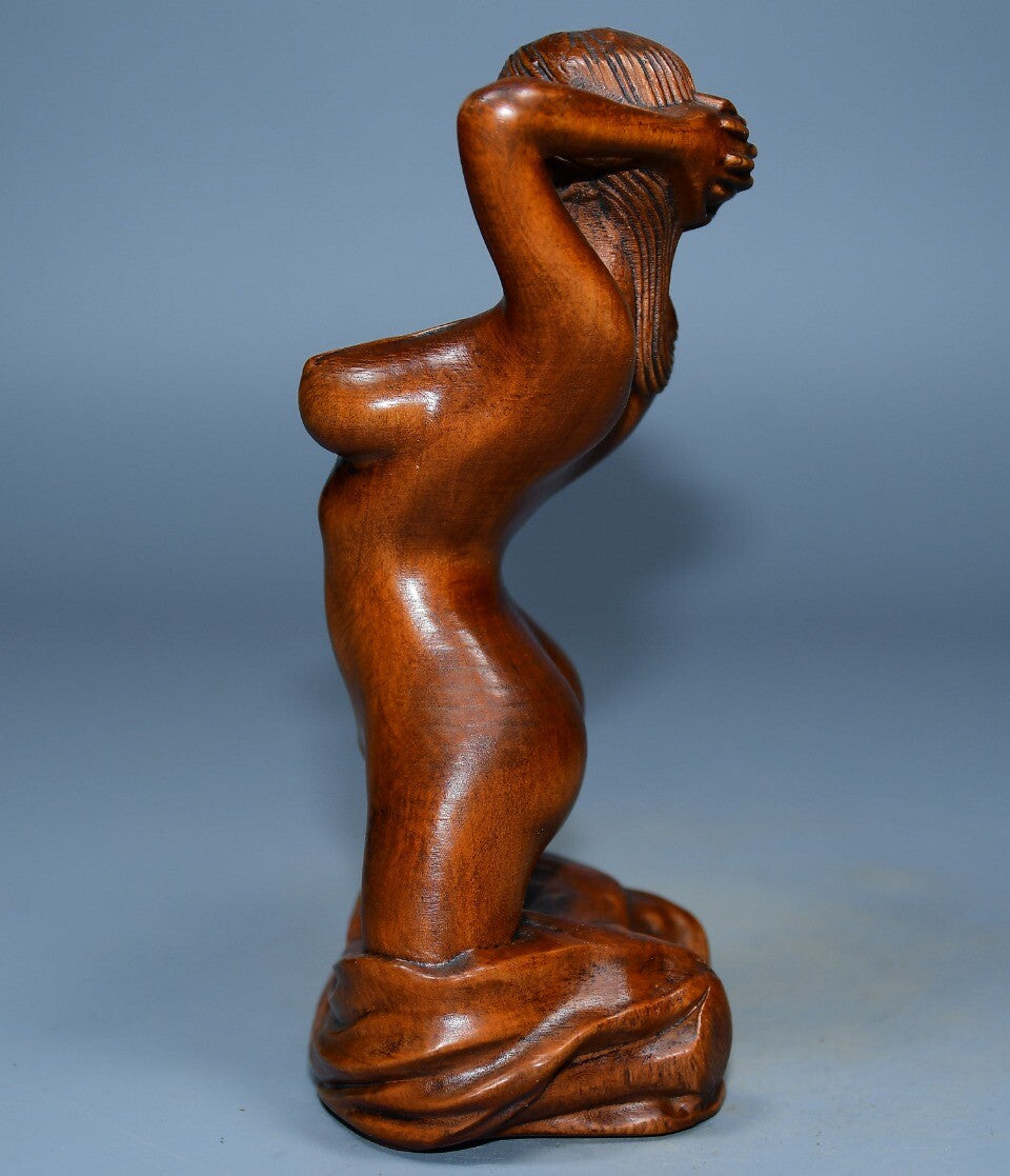 4.7" Collect Chinese Box-wood Carving Naked Beautiful Woman beauty knelt Statue