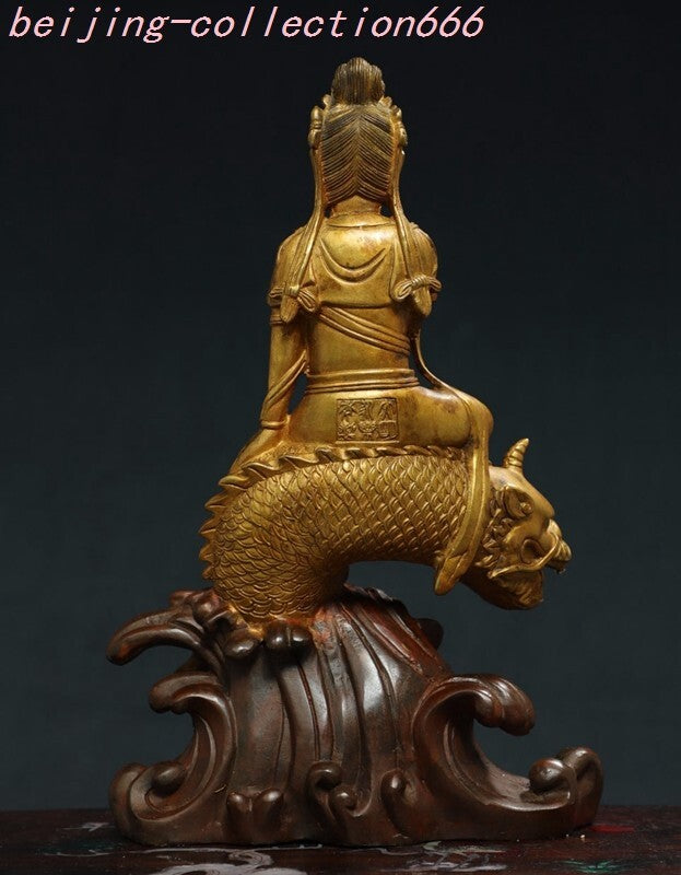 12'' Tibet Bronze Gilt Ride Dragon Fish Kwan-Yin GuanYin Goddess Buddha Statue