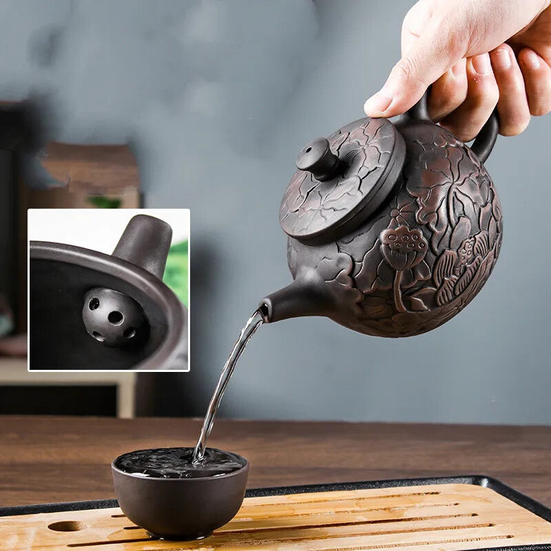 Purple Clay Teapots Beauty Kettle Black Mud Hand Carved Lotus Illustration Pot