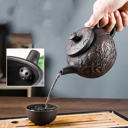 Purple Clay Teapots Beauty Kettle Black Mud Hand Carved Lotus Illustration Pot