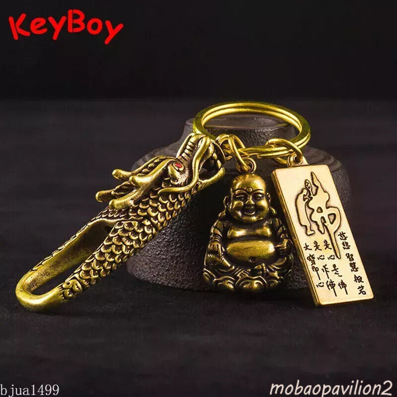 Solid Brass Smiling Maitreya Buddha Figures Tag Keychain Pendant Vintage Copper