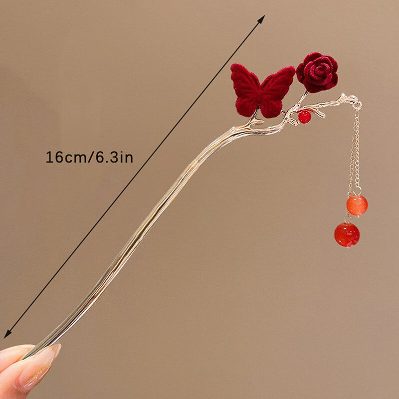 Retro Rose Hairpin For Women Chinese Style Tassel Hair Stick Pins Hair Clips