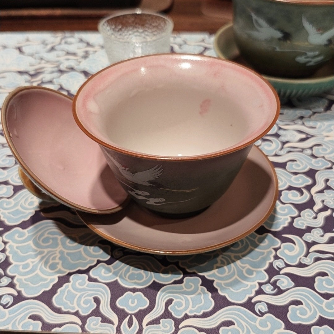 Kiln Changed Crane Pattern Gaiwan 11.8x9.5cm 200ml Ceramic Tea Cup Set