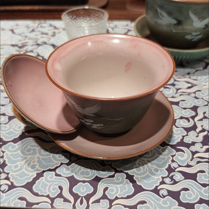 Kiln Changed Crane Pattern Gaiwan 11.8x9.5cm 200ml Ceramic Tea Cup Set