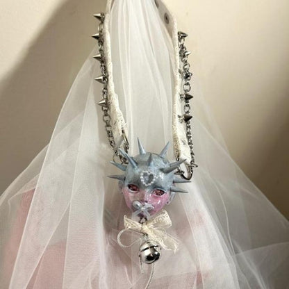 Original Dreamy Bow Spiked Doll Head Lace Choker Bell Chain Necklace