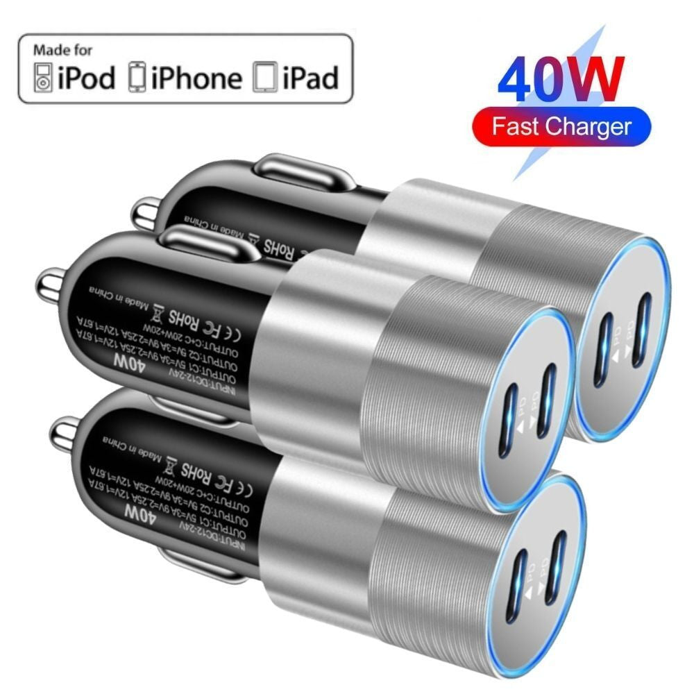 For iPhone iPad Android Samsung 40W Dual USB Type-C Fast Car Charger Adapter LOT