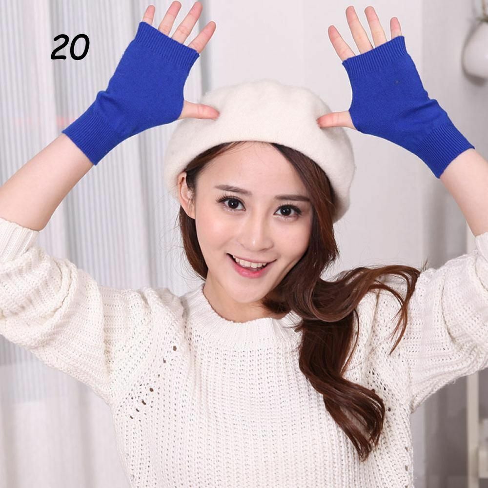 Women Winter Gloves Cashmere Knitted Cotton Fingerless Warm Stretch Half Mittens