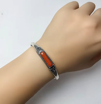 Mongolian Bracelet Adjustable Ethnic Silver Bangle Carved Red Inlay Jewelry