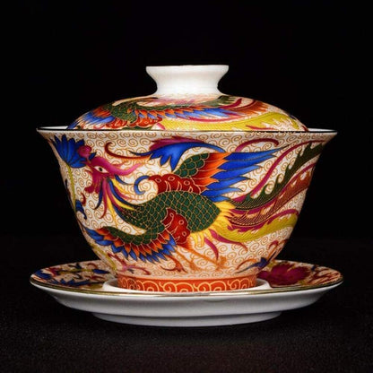 150ml Ceramic Phoenix Pattern Gaiwan Tea Set Tea Bowl Tea Cup Tureen Decor