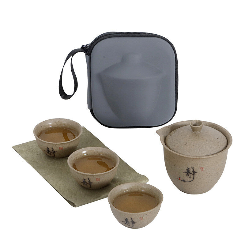 Travelling Tea Set One Pot 3 Matching Cup Portable Bag Crude Pottery Tea Set New
