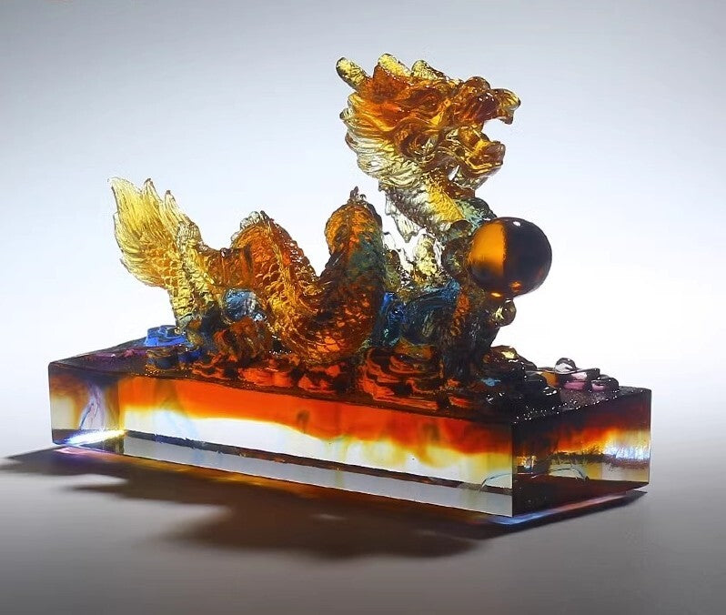 Liu Li Crystal Chinese Dragon Playing Ball Statue Office Feng Shui Home Decor