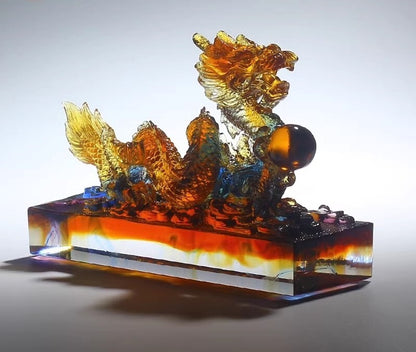 Liu Li Crystal Chinese Dragon Playing Ball Statue Office Feng Shui Home Decor