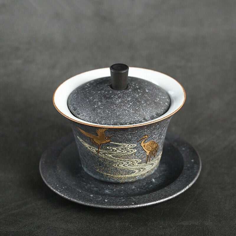 Antique Style Porcelain Gaiwan Handmade Crane Relief Tureen Cup Set Saucer