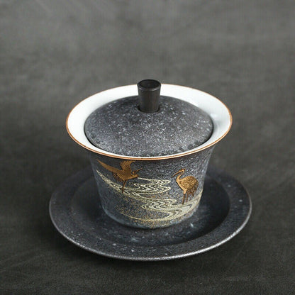 Antique Style Porcelain Gaiwan Handmade Crane Relief Tureen Cup Set Saucer