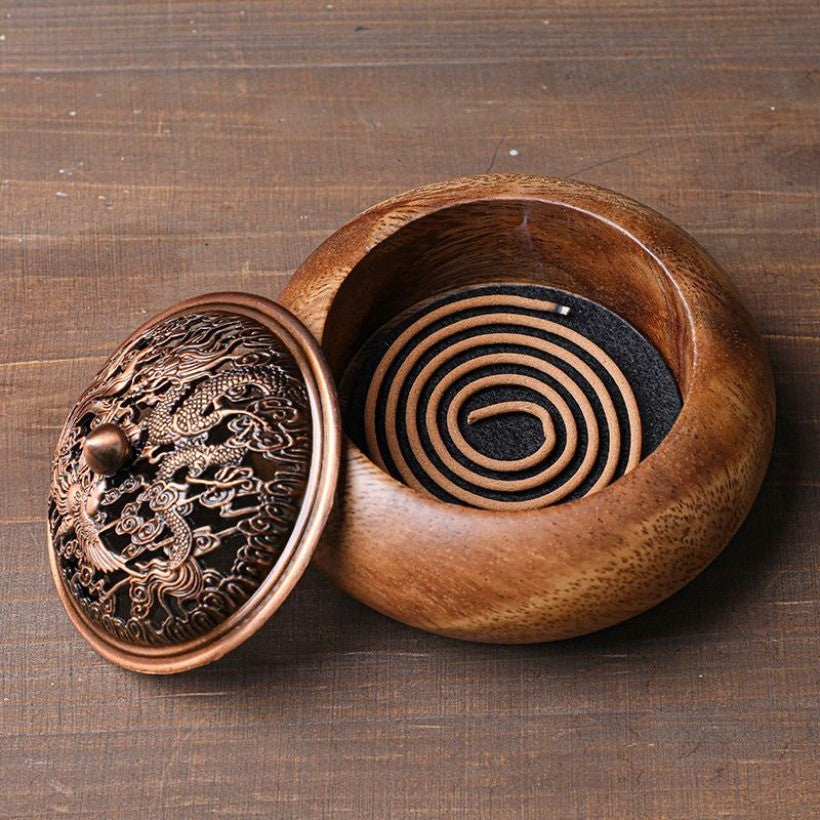 Walnut Wood Incense Burner 11×7.2cm Dragon Phoenix Alloy Lid Vintage Censer
