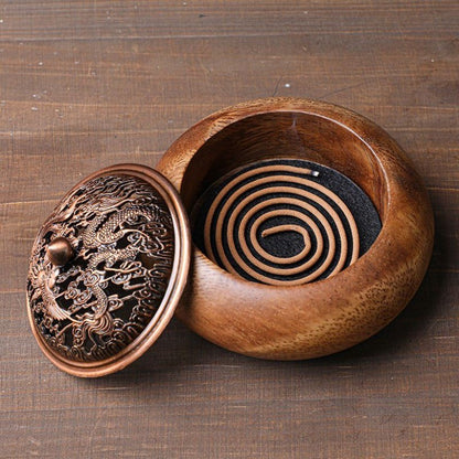 Walnut Wood Incense Burner 11×7.2cm Dragon Phoenix Alloy Lid Vintage Censer