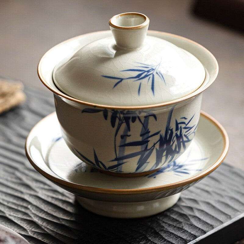Gaiwan Ruyao Craft Crackle Glaze Porcelain Tureen With Saucer Lid Bamboo Print