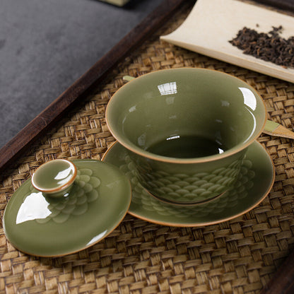Modern Longquan Celadon Porcelain Gaiwan Chinese Tureen Covered Bowl Saucer Lid