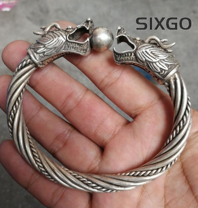 China Tibetan Silver Engraving Double-headed Dragon Silver Bracelet